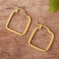 Gold plated hoop earrings, 'Diamond Squares' - 18k Gold Plated Hoop Earrings