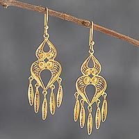 Gold-plated filigree chandelier earrings, 'Catacaos Cascade' - Chandelier Earrings in 24k Gold Plate