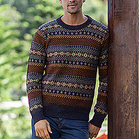 Men's 100% alpaca pullover sweater, 'Andean Roots' - Men's 100% Alpaca Geometric-Themed Knit Pullover Sweater