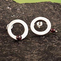 Garnet button earrings, 'Endless Passion' - Modern Sterling Silver Button Earrings with Garnet Beads