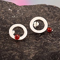 Carnelian button earrings, 'Endless Luck' - Modern Sterling Silver Button Earrings with Carnelian Beads