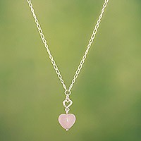 Rose quartz pendant necklace, 'Tiny Hearts' - Sterling Silver Heart Pendant Necklace with Rose Quartz