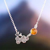 Citrine pendant necklace, 'Honey of Wisdom' - Bee and Honeycomb-Themed Citrine Silver Pendant Necklace