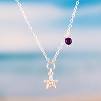 Amethyst pendant necklace, 'Cosmic Magic' - Silver Pendant Necklace with Star Motif and Amethyst Bead