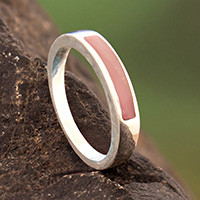 Rose quartz band ring, 'Pink Dual Enchantment' - Modern Polished Silver Band Ring with Inlaid Rose Quartz Gem