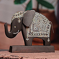 Wood sculpture, 'Shadow Giant' - Geometric and Minimalist Black Wood Elephant Sculpture