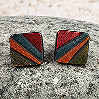 Leather button earrings, 'Classic Rainbow' - Classic Striped Multicolor Square Leather Button Earrings