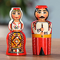 Wood figurines, 'Taraz Union' (set of 2) - Handmade 2-Piece Taraz Couple with Flute Wood Figurine Set