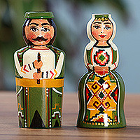 Wood figurines, 'Taraz Harmony' (set of 2) - Traditional Hand-Carved 2-Piece Wood Figurine Set in Green