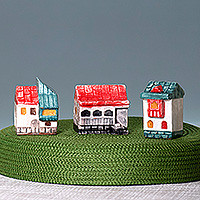 Ceramic figurines, 'Colorful Cottages' (set of 3) - 3 Hand-Painted Glazed Armenian Cottage Ceramic Figurines