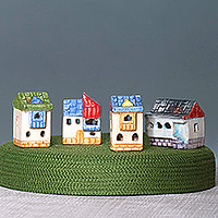 Ceramic figurines, 'Lovely Cottages' (set of 4) - Set of 4 Painted Glazed Cottage-Themed Ceramic Figurines