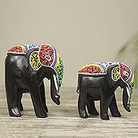 Wood sculptures, 'Colorful African Elephants' (pair) - Hand Carved Elephant Beaded Wood Sculptures (Pair)