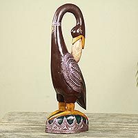 Wood sculpture, 'Brown Ashanti Bird' - Hand Carved African Wood Bird Sculpture with Repousse