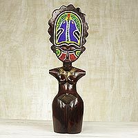 Beaded wood sculpture, 'Good Life Obrapa' - Good Life Akan Doll Beaded Wood Sculpture Collectible Art