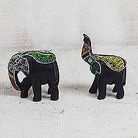 Recycled glass beaded wood figurines, 'Eco Elephants' (pair) - Recycled Glass Beaded Wood Elephant Figurines (Pair)