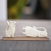 Bone statuette, 'Sparring' - Handcrafted Wild Cat Bone and Wood Statuette