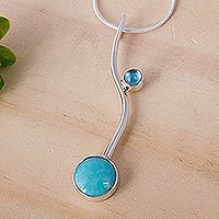 Turquoise and blue topaz pendant necklace, 'Taxco Eclipse' - Collectible Taxco Silver Natural Turquoise Necklace