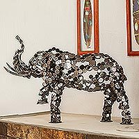 Upcycled metal sculpture, 'Rustic Male Elephant' - Eco-Friendly Recycled Metal 20-Inch Elephant Sculpture