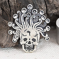 Sterling silver pendant, 'Miquiztli' - Sterling Silver Aztec God Pendant from Mexico