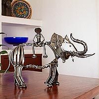 Upcycled metal auto part sculpture, 'The Elephant Rider' - Elephant-Themed Upcycled Metal Auto Part Sculpture