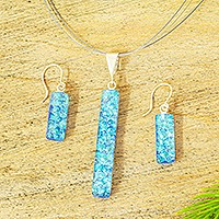 Dichroic art glass jewelry set, 'Crystalline Sky' - Dichroic Art Glass Icy Blue Necklace & Earrings Set