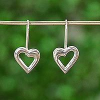 Sterling silver drop earrings, 'Heart Waves' - 925 Sterling Silver Curved Heart Drop Earrings from Mexico