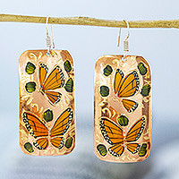 Copper dangle earrings, 'Jasmine Butterflies' - Reclaimed Copper Butterflies Motif Earrings from Mexico