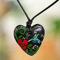 Papier mache pendant necklace, 'Night Hummingbird Heart' - Hand Painted Heart Shaped Hummingbird Pendant Necklace