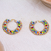 Gold-accented beaded hoop earrings, 'Rainbow Flair' - Colorful 14k Gold-Plated Brass and Glass Beads Hoop Earrings