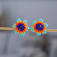 Beaded button earrings, 'Lapis Star' - Star-shaped Beaded Button Earrings Handcrafted in Mexico