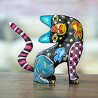 Wood alebrije figurine, 'Nocturnal Feline Questions' - Hand-Painted Copal Wood Alebrije Cat Figurine in Black