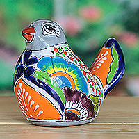 Ceramic figurine, 'Chants from the Hacienda' - Bird-Themed Hacienda Painted Ceramic Figurine in Grey