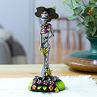 Ceramic sculpture, 'The Eternal Catrina' - Handcrafted Floral Silver Catrina Sculpture on Floral Base