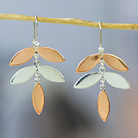 Copper and sterling silver dangle earrings, 'Trendy Leaves' - Leaf-Shaped Modern Copper Taxco Silver Dangle Earrings