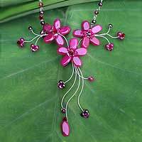 Quartzite and garnet flower necklace, 'Red Rosebud Burst' - Fair Trade Beaded Quartz Necklace