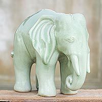 Celadon ceramic statuette, 'Elephant Grace' - Unique Celadon Ceramic Sculpture