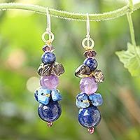 Lapis lazuli and amethyst beaded earrings, 'Thai Harmony' - Beaded Lapis Lazuli Earrings