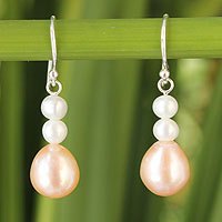 Cultured pearl dangle earrings, 'Sweet Peach Glamour' - Handcrafted Pearl Earrings