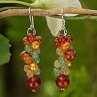 Pearl and carnelian beaded earrings, 'Golden Vines' - Thailand Yellow Pearl Carnelian Quartz Cluster Earrings