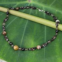 Smoky quartz and onyx beaded necklace, 'Essential Earth' - Hand Beaded Smoky Quartz Onyx and Agate Necklace