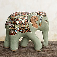 Celadon ceramic figurine, 'King's Royal Elephant' (small) - Hand Painted Thai Celadon Ceramic Elephant Statuette (Small)