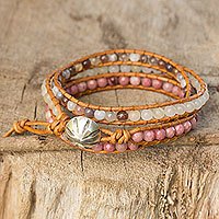 Rhodonite and agate wrap bracelet, 'Karen Rose' - Karen Hill Tribe Handcrafted Gemstone Wrap Bracelet