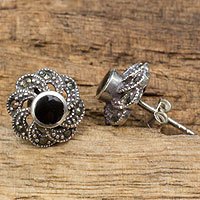 Onyx and marcasite flower earrings, 'Midnight Blooms' - Sterling Silver Vintage Earrings with Onyx and Marcasite