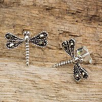 Sterling silver and marcasite stud earrings, 'Petite Dragonflies' - Sterling Silver Artisan Crafted Stud Earrings from Thailand