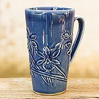 Celadon ceramic mug, 'Royal Blue Orchid' - Hand Crafted Dark Blue Celadon Ceramic Mug from Thailand