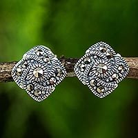 Marcasite button earrings, 'Starlight Pinwheels' - Modern Style 925 Sterling Silver Earrings with Marcasite