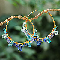 Multi-gemstone gold vermeil hoop earrings, 'Azure Serenade' - Gold Plated Silver Hoop Earrings with Gemstones