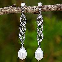 Cultured pearl dangle earrings, 'Modern Macrame' - Artisan Designed Sterling Silver Dangle Earrings with Pearls