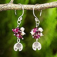 Cultured pearl and garnet dangle earrings, 'Karen Roses' - Karen Hill Tribe Floral Silver Pearls and Garnet Earrings