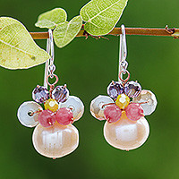 Cultured pearl dangle earrings, 'Butterfly Party in Pink' - Pink Cultured Pearl Dangle Earrings with Butterfly Motif